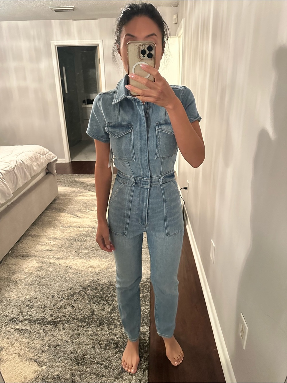 Good American Light Blue Short Sleeve Denim Jumpsuit